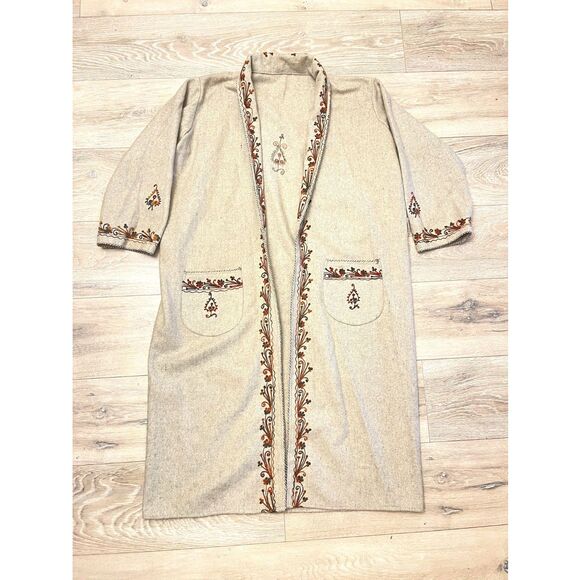Vintage Embroidered Wool Duster Coat Beige Boho Folk Art Longline Handmade - Picture 1 of 14
